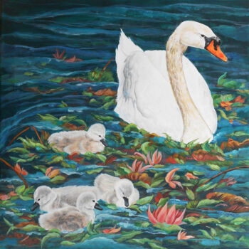 Painting titled "Swans/ Family" by Athanasia Karatza, Original Artwork, Acrylic Mounted on Wood Stretcher frame