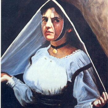 Painting titled "Femme en costume sa…" by Attilio Frau, Original Artwork, Oil Mounted on Wood Panel