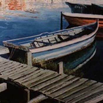 Painting titled "Barca a sa Scafa" by Attilio Frau, Original Artwork, Oil Mounted on Wood Stretcher frame