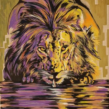 Painting titled "Lion au regard auri…" by Aurel, Original Artwork, Acrylic Mounted on Wood Stretcher frame