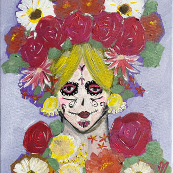 Painting titled "Fille et fleurs, jo…" by Aurelie Assemat, Original Artwork, Acrylic Mounted on Wood Stretcher frame