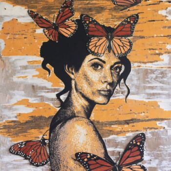 印花与版画 标题为“Les monarques” 由Aurélie Charpentier (ACH), 原创艺术品, 雕刻 安装在木板上