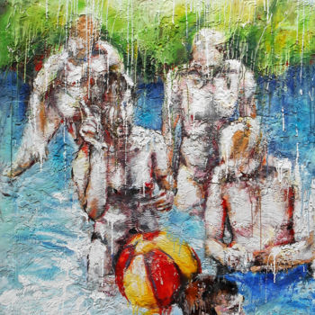 Painting titled "Les baigneurs" by Aurore Lanteri, Original Artwork, Wax Mounted on Wood Stretcher frame