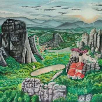 Painting titled "Meteora, Geological…" by Ausra Manamangas, Original Artwork, Oil Mounted on Wood Stretcher frame