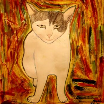 Schilderij getiteld "Gato con fondo abst…" door Axel Frías, Origineel Kunstwerk, Olie