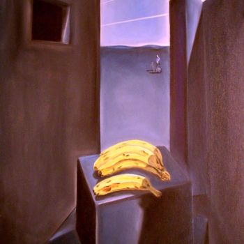 Peinture intitulée "Bananas in a Blue L…" par Geoffrey Cervantes/Axis, Œuvre d'art originale, Huile