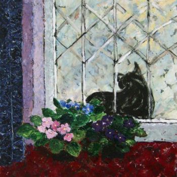 Painting titled "Cat on the balcony" by Ayse Kumbasar, Original Artwork