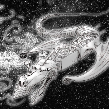 Drawing titled "Dragon Wagon" by Azathoth, Original Artwork, Ballpoint pen