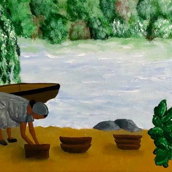 Ζωγραφική με τίτλο "Jour de pêche" από Aziza Siankam, Αυθεντικά έργα τέχνης, Ακρυλικό