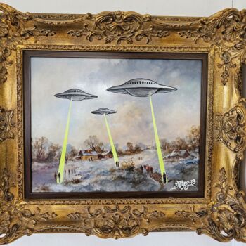 Pittura intitolato "Ufo Invation on Fic…" da Banksy, Opera d'arte originale, Olio