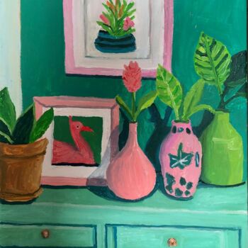 Schilderij getiteld "Flamingo and Floras" door Barbara Friehs, Origineel Kunstwerk, Acryl Gemonteerd op Frame voor houten br…