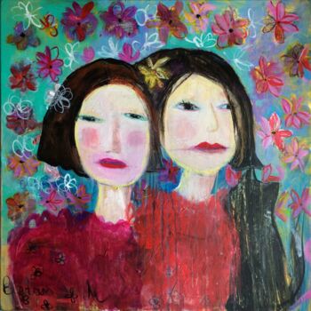 Schilderij getiteld ""Deux soeurs"" door Barbara Morin, Origineel Kunstwerk, Acryl Gemonteerd op Frame voor houten brancard