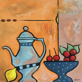Painting titled "Nature morte aux ce…" by René Barranco, Original Artwork, Oil Mounted on Wood Stretcher frame