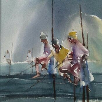 Pittura intitolato "Life at Sea - Fight…" da Basil Cooray, Opera d'arte originale, Acquarello Montato su Vetro