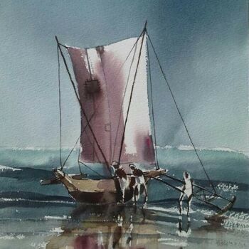 Painting titled "Life at Sea - End o…" by Basil Cooray, Original Artwork, Watercolor Mounted on Glass