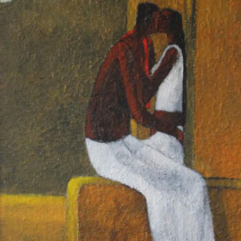 Painting titled "Love - The Kiss" by Basil Cooray, Original Artwork, Acrylic Mounted on Other rigid panel