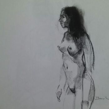 Painting titled "Solitude - Naked" by Basil Cooray, Original Artwork, Charcoal Mounted on Glass