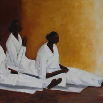 Painting titled "Religious Observanc…" by Basil Cooray, Original Artwork, Oil Mounted on Wood Stretcher frame