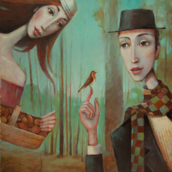 Painting titled "Autumn forest people" by Beata Wrzesinska, Original Artwork, Oil Mounted on Wood Stretcher frame