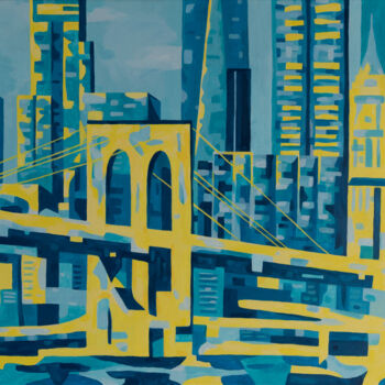 Painting titled "Brooklyn Bridge at…" by Beate Blume, Original Artwork, Acrylic Mounted on Wood Stretcher frame