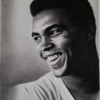 Drawing titled "Muhammed Ali" by Bekir İSlam, Original Artwork, Charcoal Mounted on Wood Panel