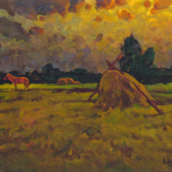 Painting titled "Red horse on the me…" by Vasily Belikov, Original Artwork, Oil