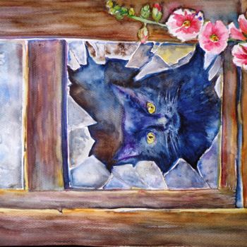 Painting titled "El Gato en la Venta…" by Benilde, Original Artwork, Watercolor