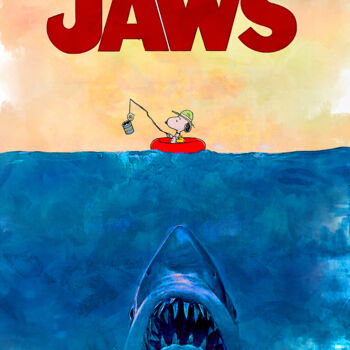 「Jaws」というタイトルのデジタルアーツ Benny Arteによって, オリジナルのアートワーク, デジタルコラージュ 段ボールにマウント