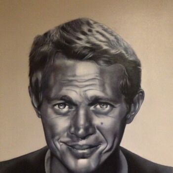 Painting titled "Steve Mc Queen driv…" by Benoît Saule, Original Artwork, Oil Mounted on Wood Stretcher frame