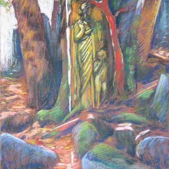 Peinture intitulée "Stele and red tree…" par Bernard Marie Collet, Œuvre d'art originale, Huile