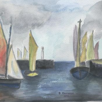 Painting titled "aquarelle port et v…" by Bernard Faucheux, Original Artwork, Oil