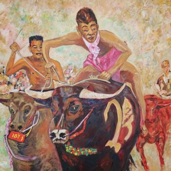 Pintura intitulada "Buffalo race / Thai…" por Bertrand Gossart, Obras de arte originais, Óleo Montado em Armação em madeira