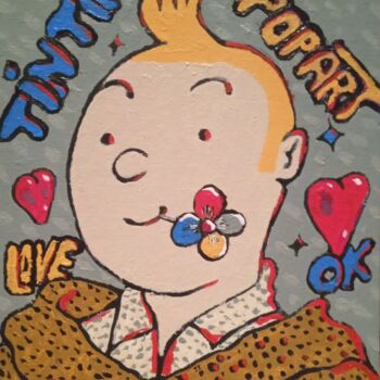 Painting titled "Tintin , popart ." by Bertrand Jost, Original Artwork, Acrylic Mounted on Cardboard