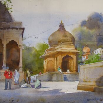 Schilderij getiteld "Morning at Maheshwar" door Bhargavkumar Kulkarni, Origineel Kunstwerk, Aquarel