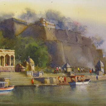 Malerei mit dem Titel "Narmada Ghat" von Bhargavkumar Kulkarni, Original-Kunstwerk, Aquarell