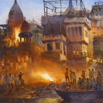 Peinture intitulée "Banaras Ghat" par Bhargavkumar Kulkarni, Œuvre d'art originale, Aquarelle
