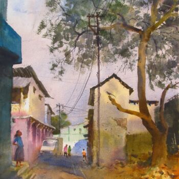 Malerei mit dem Titel "Village lane" von Bhargavkumar Kulkarni, Original-Kunstwerk, Aquarell