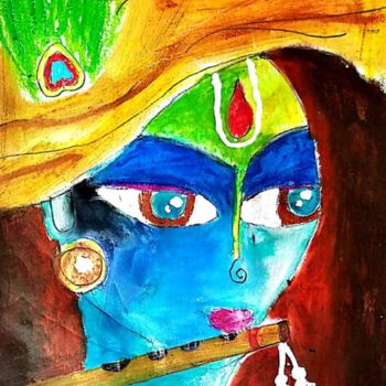 Ζωγραφική με τίτλο "Krishna, The Murali…" από Bhaswati Bishoi, Αυθεντικά έργα τέχνης, Παστέλ