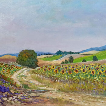 Pittura intitolato "Sunflowers road - T…" da Biagio Chiesi, Opera d'arte originale, Olio Montato su Pannello di legno
