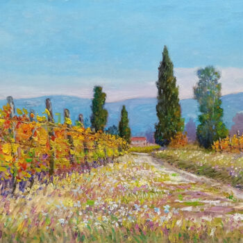 Painting titled "Countryside with vi…" by Biagio Chiesi, Original Artwork, Oil Mounted on Wood Stretcher frame