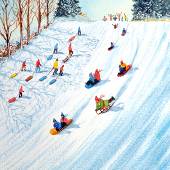 Peinture intitulée "Snow Day Sledging" par Bill Holkham, Œuvre d'art originale, Aquarelle