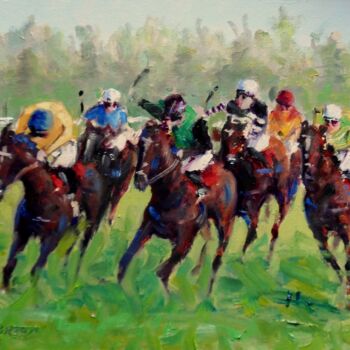 Schilderij getiteld "Horse Racing, Galwa…" door Bill O'Brien, Origineel Kunstwerk, Olie Gemonteerd op Karton