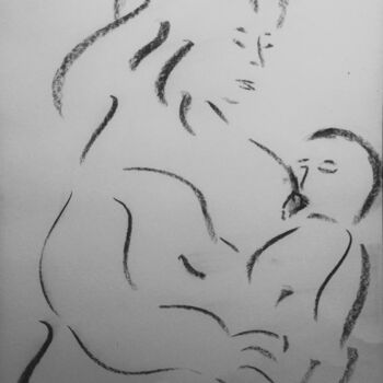 Drawing titled "Mère et l' enfant" by Roberto Urbano, Original Artwork, Charcoal