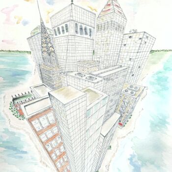 Painting titled "Manhattan from Mars…" by Bobraïs, Original Artwork, Watercolor