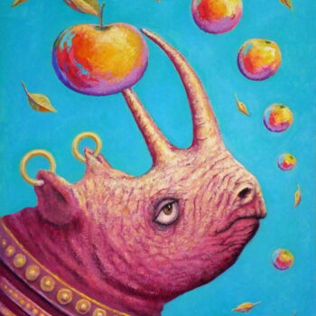 Pintura intitulada "Rhinoceros - apple" por Bohdan Wincenty Łoboda, Obras de arte originais, Acrílico