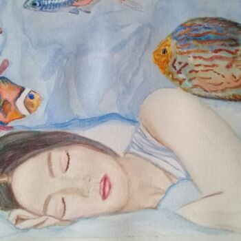 Painting titled "Mujer soñando I" by Bonifacio Contreras, Original Artwork, Watercolor