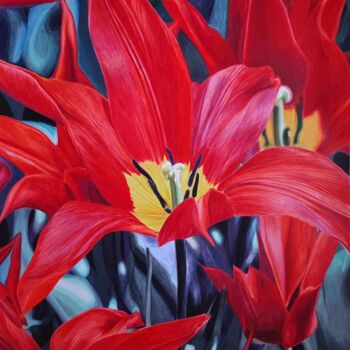 Drawing titled "Red tulips field" by Sandrine Borgniet, Original Artwork, Pencil