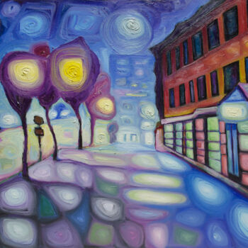 Painting titled "Night city lights" by Boris Subotic, Original Artwork, Oil Mounted on Wood Stretcher frame