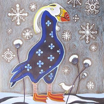 Painting titled "January Puffin" by Kipik, Original Artwork