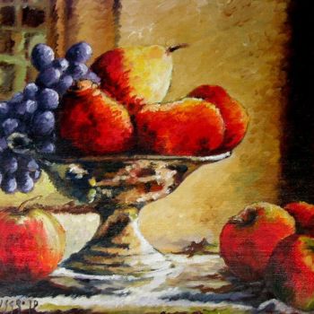 Painting titled "pommes et poires" by Brigitte Bouysse, Original Artwork, Oil